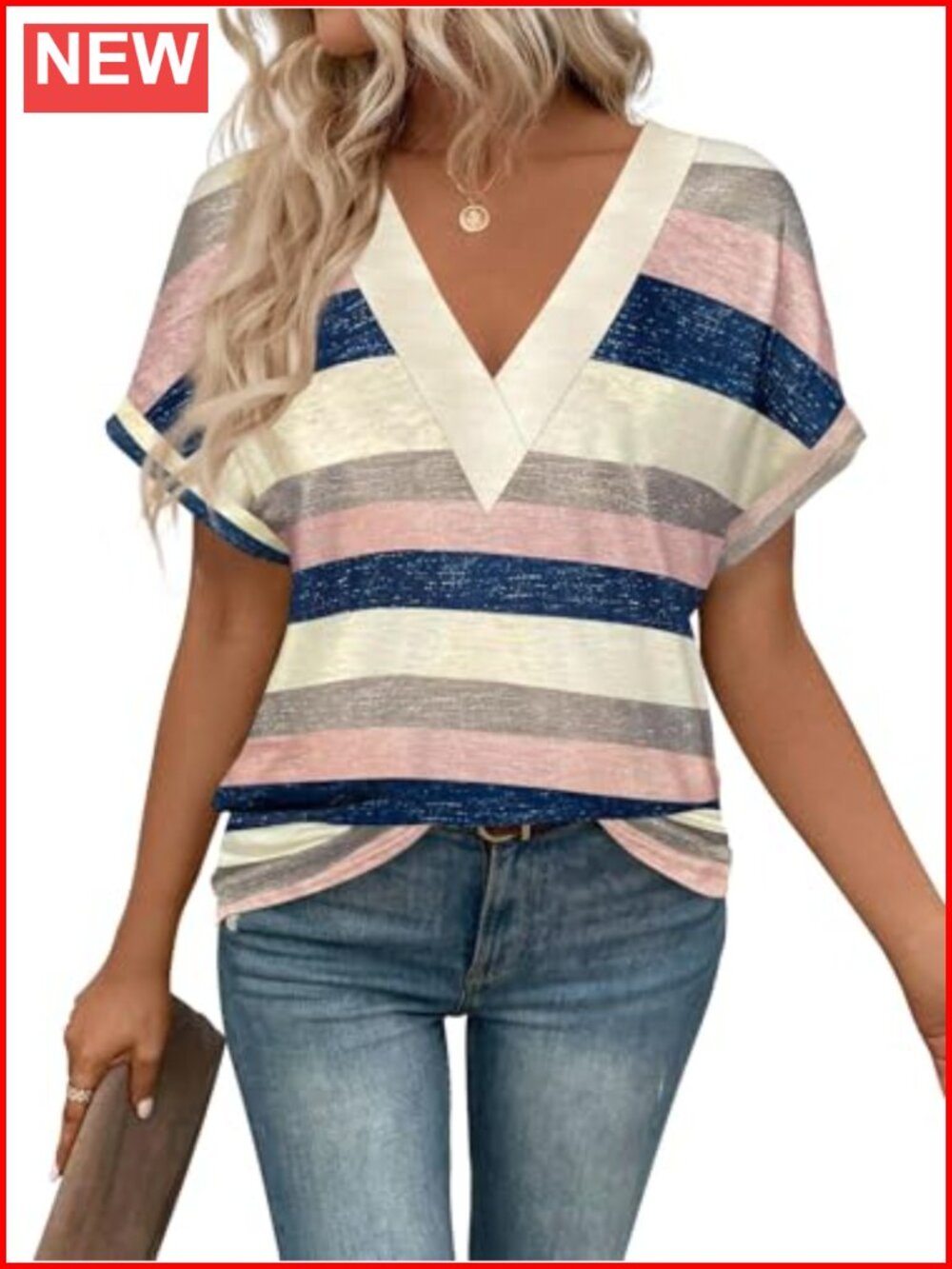 V-Neck Short Sleeve Tee Womens Loose Fit Casual Blouse